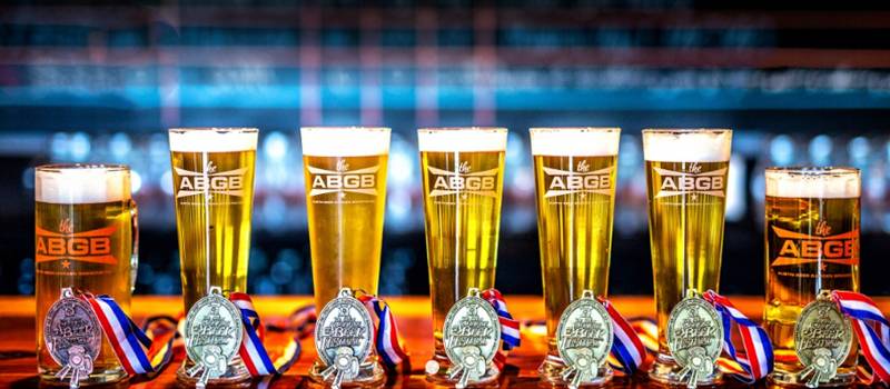 austin beer garden beers in glassware with GABF medals